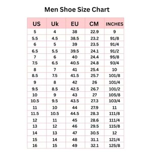 May include: A shoe size conversion chart titled Men Shoe Size Chart with columns for US, UK, EU, CM, and INCHES. The table lists numerical values for shoe sizes ranging from 5 to 16 in US sizing, providing corresponding international size equivalents.