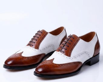 Handcrafted Brown White Leather Wingtip Oxford Shoes, Two-Tone Spectator Brogues