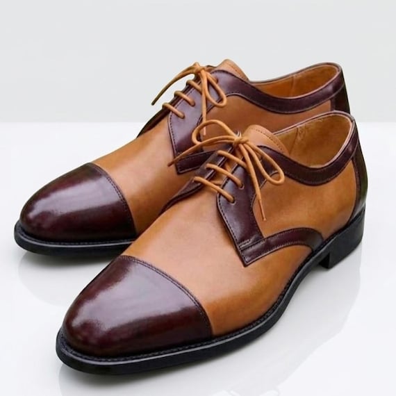 Handcrafted Tan & Brown Leather Cap Toe Oxford Shoes, Two-Tone Dress Formal Footwear