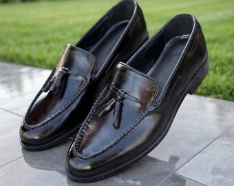 Zwarte loafers met kwastjes voor heren | Gepolijste leren geklede schoenen | Handgemaakte instapschoenen voor formele gelegenheden, bruiloften en zakelijke bijeenkomsten