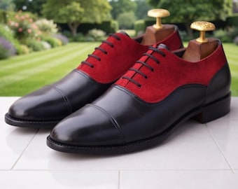 Mens Two Tone Cap Toe Oxfords | Black Leather Red Suede Shoes | Handmade Formal Dress Shoes