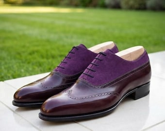 Mens Purple Wingtip Oxfords | Aubergine Suede Leather Two Tone Dress Shoes | Formal Wedding Business