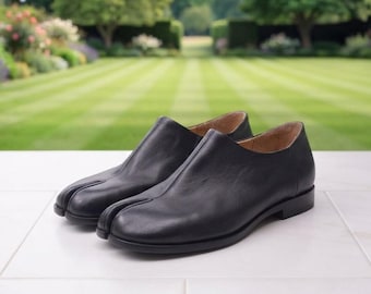 Tabi Shoes Women Men | Black Split Toe Leather Slip On Shoes | Cloven Hoof Loafers | Avant Garde Handmade Shoes