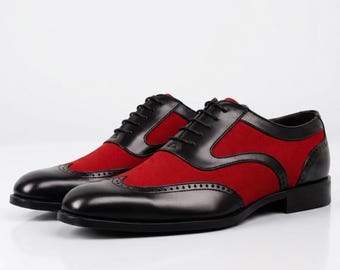 Men's Red & Black Suede Leather Wingtip Oxford Dress Shoes