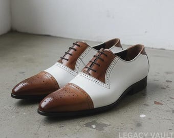 Handcrafted Two-Tone Leather Oxford Dress Shoes | Brown Ivory Spectator Formal Footwear