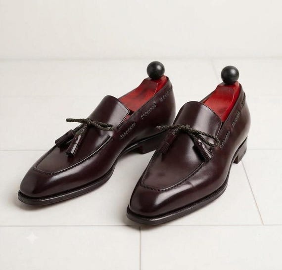 Handmade Burgundy Leather Tassel Loafers Formal Wedding Business Shoes Mens