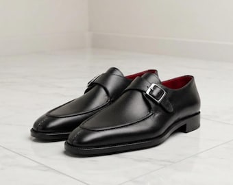 Zwarte Monkschoenen met enkele band voor heren | Leren Monkschoenen met rode voering | Handgemaakte formele zakelijke trouwschoenen