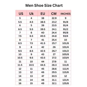 May include: A shoe size conversion chart titled Men Shoe Size Chart with columns for US, UK, EU, CM, and INCHES. The table lists numerical values for shoe sizes ranging from 5 to 16 in US sizing, providing corresponding international size equivalents.