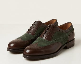 Men's Brown Green Leather Oxford Brogue Shoes, Handmade Wingtip Dress Shoes