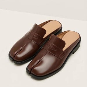 Brown Leather Tabi Mules Men | Split Toe Backless Loafers For Men | Handmade Slip On Penny Loafer Mule