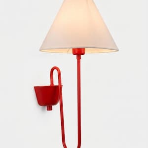 Jean Royere Inspired Eclairage Style Powdercoated Wall Sconce Red Wall Sconce with White Fabric Shade  Minimalist Contemporary light