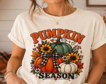 Pumpkin Season Graphic Tee, Autumn Floral Bouquet, Fall Cotton Top