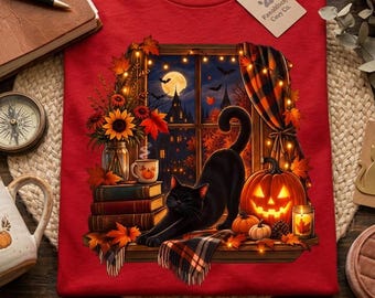 Black Cat Halloween T-Shirt, Spooky Autumn Pumpkin Design, Cozy Fall Gift