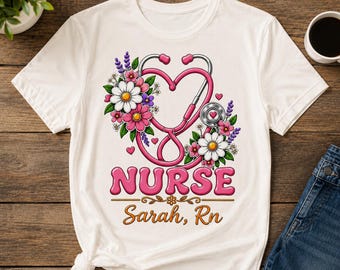 Custom Nurse Shirt, Personalized RN Name Tee, Floral Stethoscope Design (Unisex)