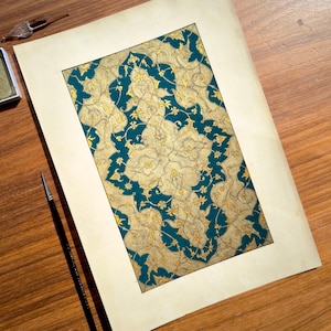 May include: A rectangular art print on cream paper featuring a repeating pattern of intricate gold and beige floral motifs set against a deep teal background. The design consists of interconnected organic shapes and delicate vine-like lines.
