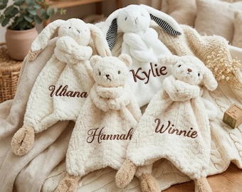 Copertina personalizzata per neonati, copertina di sicurezza personalizzata, regalo per neonati con nome ricamato, morbido coniglietto di peluche, ricordo per neonati, regalo per baby shower
