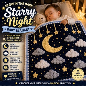 Glow in the Dark Starry Night Baby Blanket Crochet Pattern PDF, Moon & Clouds Blanket, Nursery Baby Blanket, Beginner Crochet Pattern