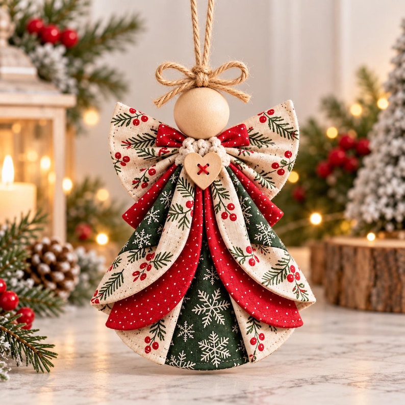 May include: A hanging Christmas ornament shaped like an angel, featuring a smooth wooden bead head, a jute twine bow, and a layered fabric dress. The dress displays patterns of green pine branches, red berries, and white snowflakes on cream, green, and red fabric.