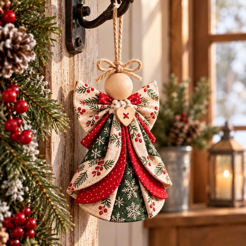 May include: A hanging angel ornament crafted from fabric and a wooden bead head. The angel features layered wings and a dress in cream, dark green, and red, decorated with patterns of pine branches, red berries, white snowflakes, and dots.