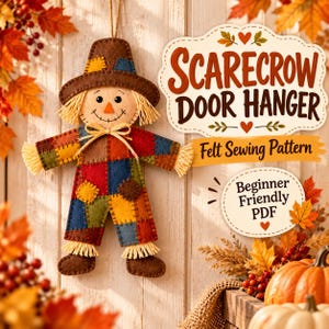 May include: A felt scarecrow door hanger with a brown hat, orange nose, and a patchwork body in red, blue, green, and yellow. The text reads Scarecrow Door Hanger Felt Sewing Pattern and Beginner Friendly PDF. It features straw-like fringe details.