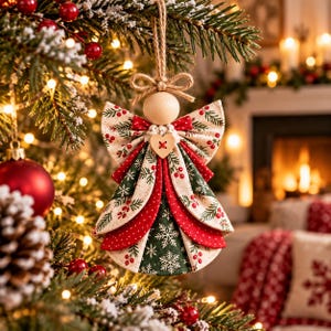May include: A fabric angel ornament featuring a natural wood bead head, a small wooden heart button at the center, and layered wings and dress panels in cream, red, and dark green fabric with printed holly, berry, and snowflake patterns.
