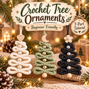 May include: Three crochet tree ornaments in white, sage green, and black, each featuring a central column of beads and a wooden topper. The white tree has a heart, the green has a crescent moon, and the black has a flower. Text reads Crochet Tree Ornaments Beginner Friendly and 7-Part Tutorial.