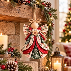 May include: A hanging angel ornament crafted from fabric with a festive pattern of green pine branches, red berries, and white snowflakes. The figure features a smooth wooden bead head, a jute twine loop, and a small wooden heart button at the neck.