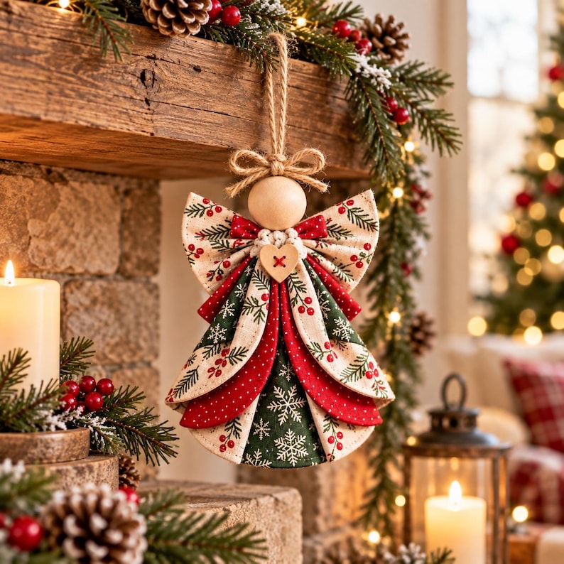 May include: A hanging angel ornament crafted from fabric with a festive pattern of green pine branches, red berries, and white snowflakes. The figure features a smooth wooden bead head, a jute twine loop, and a small wooden heart button at the neck.