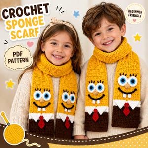 May include: Two yellow crochet scarves featuring a cartoon character face with large blue eyes, a brown nose, and a wide smile. The scarves have a white collar and a red tie over a brown section. Text reads CROCHET SPONGE SCARF, PDF PATTERN, BEGINNER FRIENDLY.