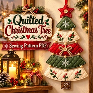 May include: A quilted Christmas tree wall hanging featuring alternating green and cream segments with embroidered snowflakes and holly berries, topped with a red star. A sign above reads Quilted Christmas Tree Sewing Pattern PDF.