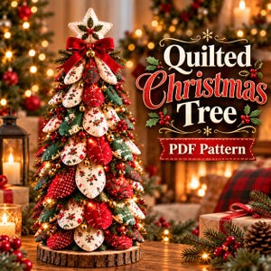 Peut inclure: Un sapin de Noël décoratif composé de feuilles en tissu matelassé aux motifs rouges, verts et crème, surmonté d'une étoile et d'un nœud rouge. Le texte Quilted Christmas Tree PDF Pattern apparaît en rouge et blanc sur la droite.