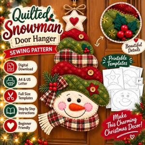 May include: A quilted snowman door hanger sewing pattern featuring a snowman with a plaid scarf, a green hat with a red star, and a red and green body. The image includes text, printable templates, and a 1-inch scale reference square.