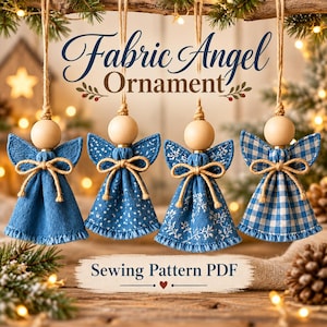 Puede incluir: Cuatro adornos de ángel de tela con cabezas de cuentas de madera y colgadores de cuerda de yute. Cada ángel tiene un cuerpo de tela azul con un pequeño lazo, incluyendo patrones sólidos, punteados, florales y de cuadros. Texto: Fabric Angel Ornament y Sewing Pattern PDF.