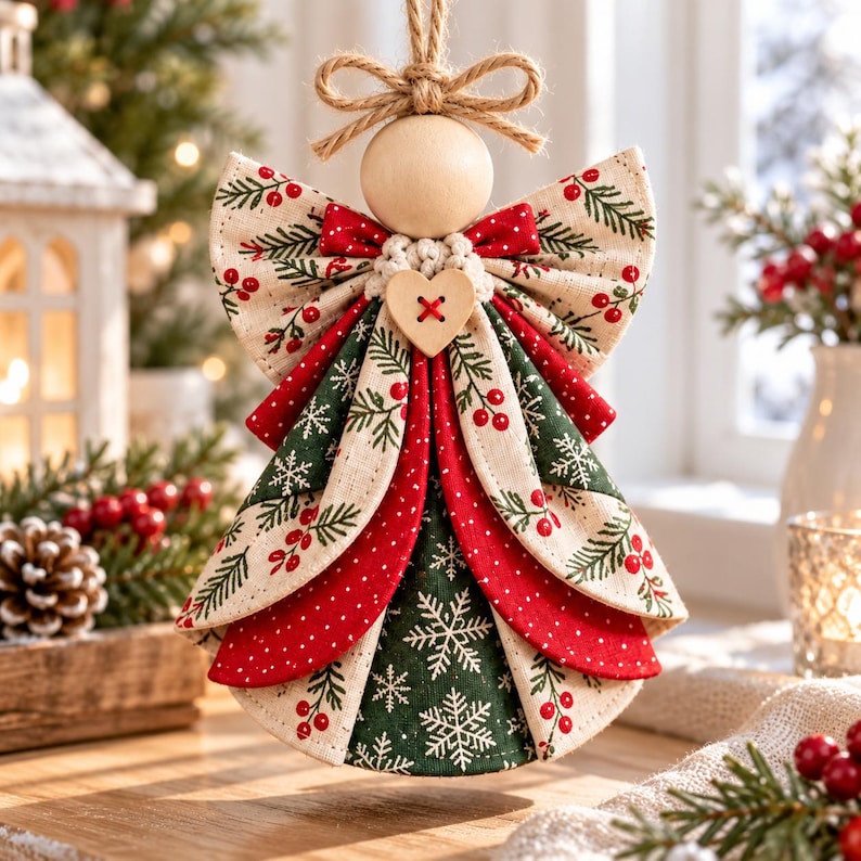 May include: A hanging angel ornament crafted from fabric with a cream background featuring red berries and green pine needles. The dress layers include red polka dot and green snowflake patterns, accented by a wooden bead head and a small heart button.