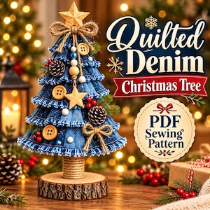 Julgransmönster i PDF-format, quiltad denimtygsgran, juldekorationer på bord, utskrivbara mallar