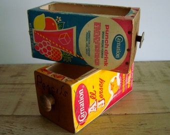 Vintage Handmade DRAWER BOX BINS made from Juice & Milk Cartons by Carnation w/Metal, Wood Knobs- 2 Available, Unique Storage