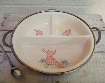 Vintage Food WARMING BOWL & DISH for Baby by Excello- 1940s Bo Peep Nursery Rhyme Theme