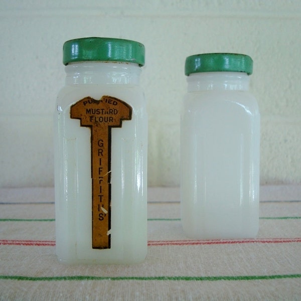 Vintage GRIFFITHS Milk Glass SPICE BOTTLES with Green Metal Tops- Set of 2 Spice Jars with Original Labelfor Storage or Display