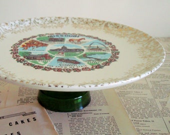 Vintage MISSOURI Souvenir CAKE PLATE Stand w/ Green Glass Base- Cupcake & Dessert Serving Pedestal