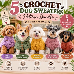 Può includere: Un pacchetto di modelli digitali per 5 maglioni all'uncinetto per cani, taglie dalla XS alla XL. Cinque cani indossano maglioni color lavanda, verde salvia, giallo senape, rosa antico e terracotta. Il testo recita 5 CROCHET DOG SWEATERS Pattern Bundle.