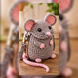 May include: A gray crochet crossbody bag shaped like a mouse with pink inner ears, a pink nose, and a long pink tail. The bag features black bead eyes, dark whiskers, and a gray strap attached with bronze-colored metal clasps on the side.