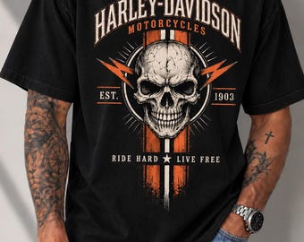 T-shirt Harley Davidson à tête de mort, T-shirt vintage moto, T-shirt « Roulez fort, vivez libre », T-shirt graphique motard, T-shirt moto rétro, Couleurs confortables