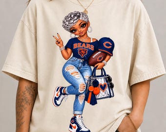 T-shirt de football américain de Chicago pour femme, bleu marine et orange, idéal pour les jours de match. Cadeau parfait pour les fans de football aux cheveux gris.