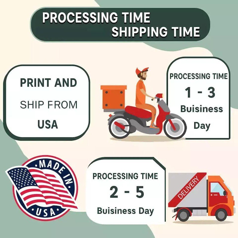 Op de afbeelding: Een informatieve afbeelding met een bezorger op een rode scooter, een bestelwagen en de Amerikaanse vlag. De tekst bevat: PROCESSING TIME SHIPPING TIME, PRINT AND SHIP FROM USA, PROCESSING TIME 1 - 3 Buisiness Day, MADE IN USA, PROCESSING TIME 2 - 5 Buisiness Day en DELIVERY.