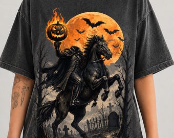 T-shirt d'Halloween Cavalier sans tête, T-shirt gothique Cavalier citrouille, T-shirt d'horreur vintage Cimetière effrayant