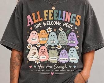 T-shirt « Ici, toutes les émotions sont les bienvenues », T-shirt sur la santé mentale, T-shirt pour enseignant·e, T-shirt pour conseiller·ère scolaire, T-shirt pour thérapeute, T-shirt « Couleurs apaisantes »