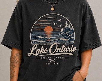 T-shirt Comfort Colors Lac Ontario, T-shirt vintage Grands Lacs, T-shirt graphique rétro sur le thème du lac, T-shirt « Vie au bord du lac », Cadeau pour les amoureux de la nature de l'Ontario
