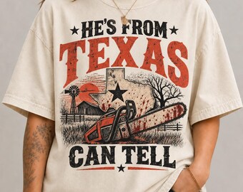T-shirt d'horreur texane, T-shirt d'Halloween à la tronçonneuse, T-shirt « Il vient du Texas, ça se voit », T-shirt de film d'horreur vintage, T-shirt pour la saison des frissons, T-shirt Comfort Colors