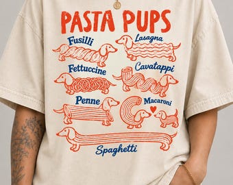 T-shirt « Chiots à pâtes », T-shirt humoristique Teckel Couleurs confortables, T-shirt pour les amoureux des pâtes, T-shirt gourmand avec un teckel, Cadeau mignon pour les amoureux des chiens
