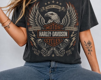 T-shirt graphique Harley Davidson Eagle, style vintage, couleurs confortables pour motos